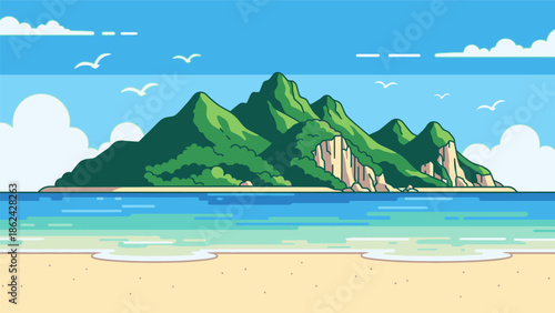 Pixel art illustration of a tropical island landscape with mountains, ocean, and sandy beach