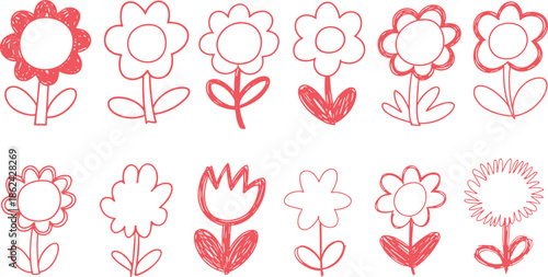 Hand-Drawn Red Flower Outline Collection Set