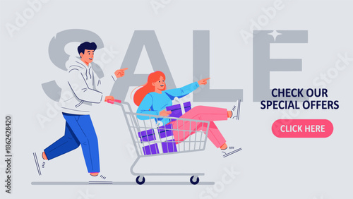 Joyful couple swiftly shops during a big sale event, finding special offers