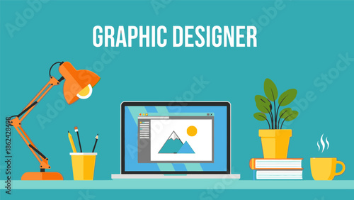 Creative Workspace of a Graphic Designer with Laptop and Design Tools Flat Illustration