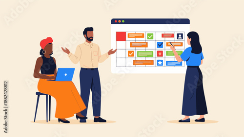 Diverse team collaborates on project planning, discussing tasks and progress in a professional meeting setting