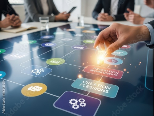 Business strategy offsite concept with a hand placing a lightbulb idea onto a collaborative digital roadmap, for innovation workshops and creative planning sessions