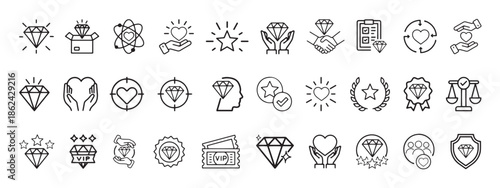 Values thin line icon set. Goal, trust, teamwork, success, vision, ethics, responsibility, motivation, vision and others. Vector illustration.