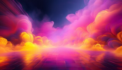 Leinwandbilder Rosa Futuristic Abstract Background with Luminous Pink and Orange Nebula Clouds and Reflective Grid Floor  © One King