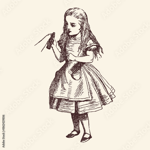 Vintage Hand Drawn Illustration of Alice in Wonderland Character Holding a Small Potion Bottle, Classic Victorian Woodcut Style Sketch for Fairy Tale and Storybook Design