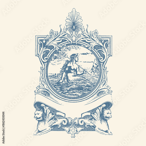Vintage Engraved Nautical Frame Illustration featuring a Mermaid with Trident in an Ornate Baroque Style Decorative Border with Mythical Creatures and Banner