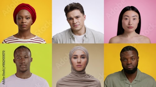 A collection of six diverse faces displaying a range of emotions against bright backgrounds. Each portrait highlights unique expressions, showcasing individuality and human connection.