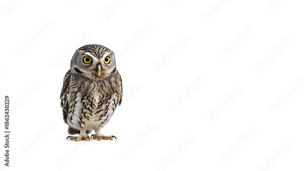 Obraz premium Little owl standing on a white background looking directly at the camera.