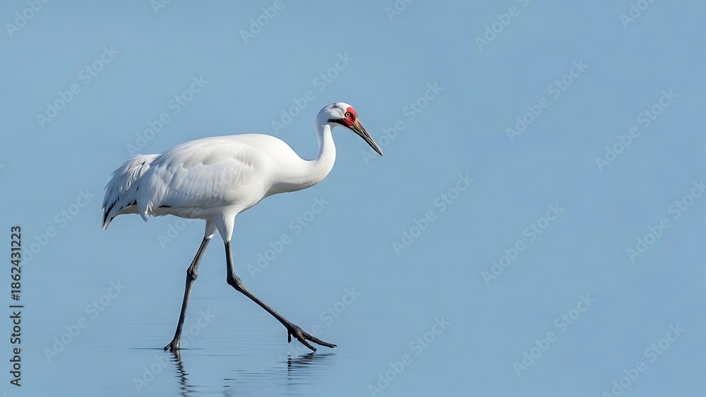 Obraz premium Majestic Whooping Crane Striding Gracefully Through Calm Blue Water.