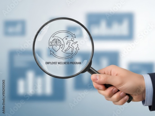 Employee wellness program icon under a magnifying glass held by a hand, showing mental health and fitness benefits, for HR strategy and workplace wellbeing