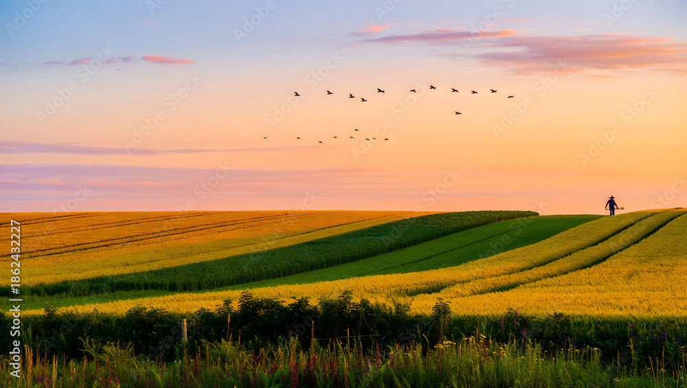 Fototapeta premium Regenerative agriculture Farmer testing healthy soil with cover crops golden field biodiversity sustainable future