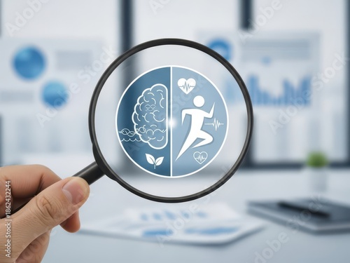 Employee wellness program icon under a magnifying glass held by a hand, showing mental health and fitness benefits, for HR strategy and workplace wellbeing