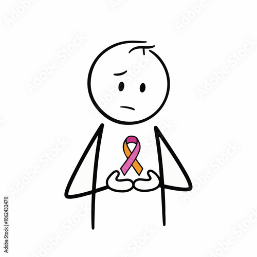 Stick figure character sadly holds a dual-colored awareness ribbon close to its chest over a simple white background.
