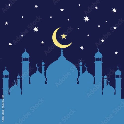 Silhouetted mosque domes and minarets stand against a deep blue night sky richly decorated with bright white stars and a prominent.