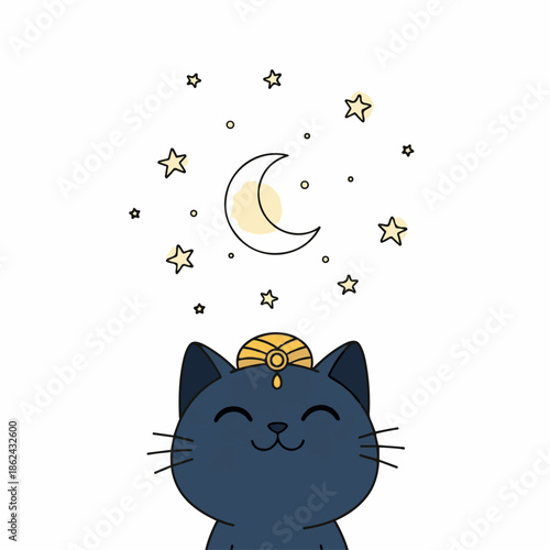 Contented black cat wearing a golden crescent moon headband dreams of shining stars and a pale yellow celestial body above its head.