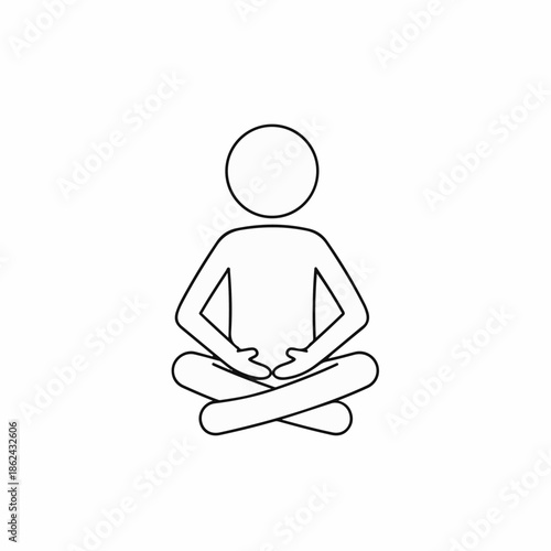 Simple black and white line art depiction of a stylized figure sitting cross-legged in a meditative yoga pose against a white background.