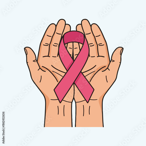 Cupped open hands gently hold a prominent pink awareness ribbon symbolizing the vital importance of breast cancer support and advocacy.