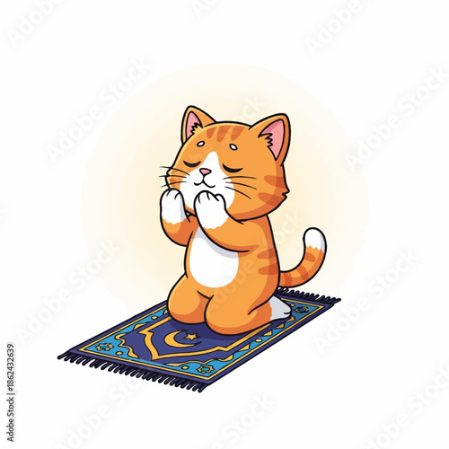 Adorable cartoon ginger cat kneels respectfully upon a patterned rug while performing Islamic prayer or supplication.