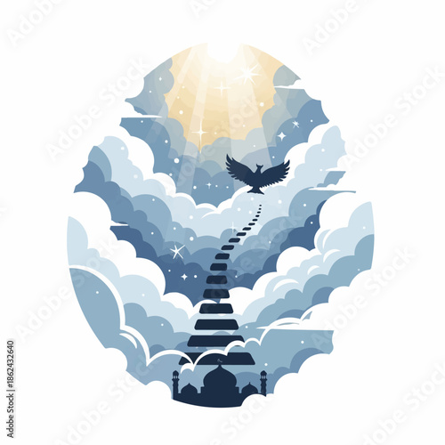 A majestic bird ascends a staircase made of steps leading through fluffy clouds towards bright sunlight, symbolizing spiritual ascension.