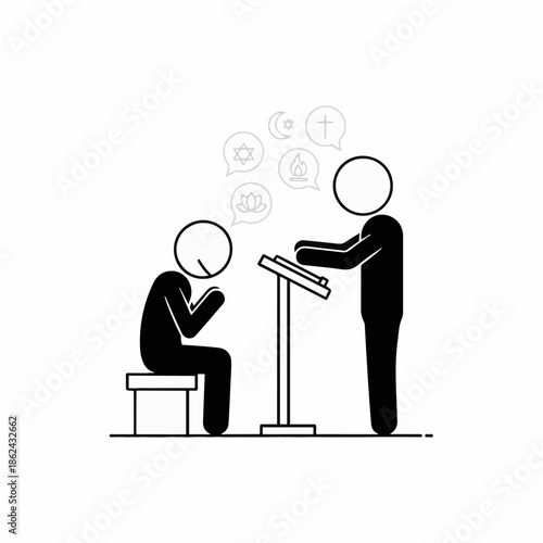 Stick figure devotee prays earnestly before a speaker at a podium while various religious symbols float above their head in thought.