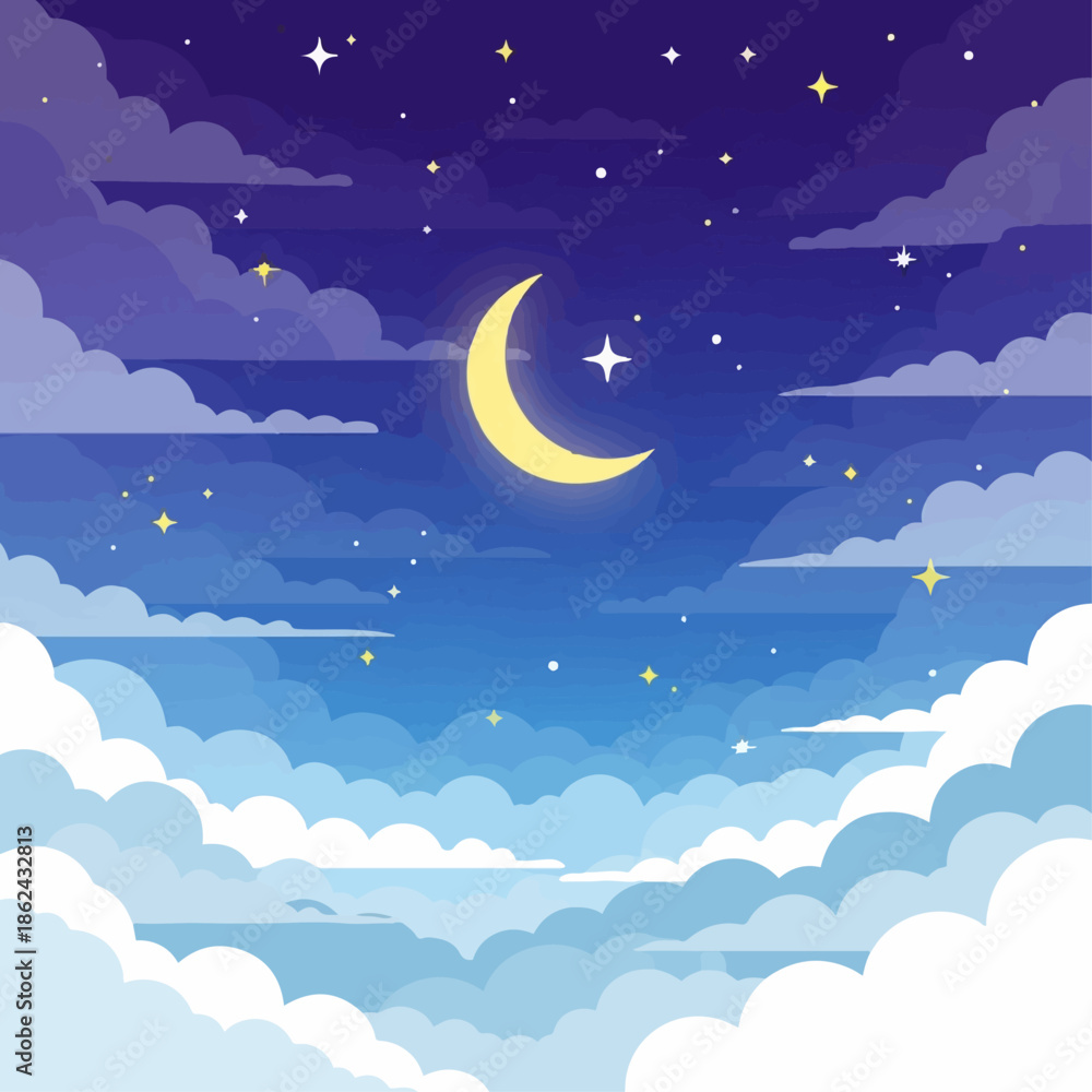 Naklejka premium Lunar Serenity: The tranquil night sky, adorned with a luminous crescent moon and twinkling stars, unfolds above fluffy clouds, creating a scene of peaceful solitude.