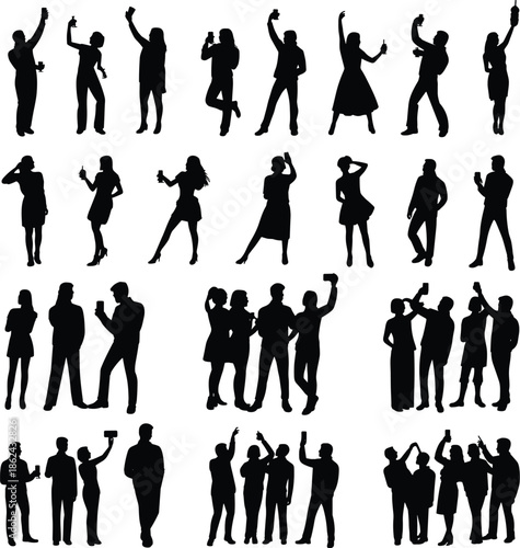 People silhouettes collection showing dancing posing celebrating gestures, group activity set, social lifestyle expressions, black figures isolated on white background illustration