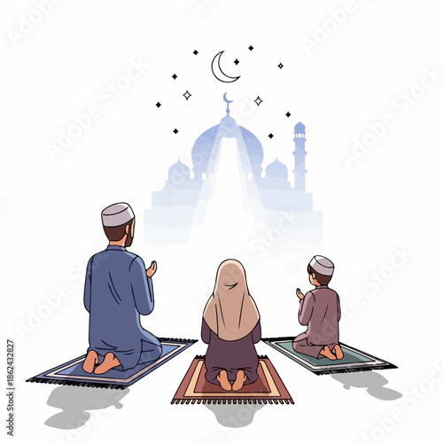 Sacred Family Prayer: A moment of devotion and unity, a family kneels in prayer towards a grand mosque beneath a crescent moon.