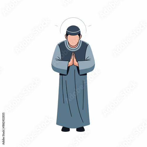 Moment of Reverence: A figure, radiating serenity, stands in a posture of profound respect, hands clasped together, suggesting inner peace and devotion. This image captures the essence of tranquility.