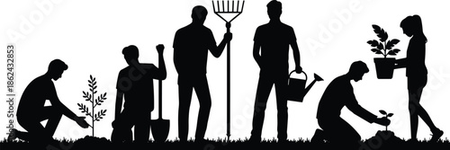 People planting trees silhouette, community gardening teamwork concept, environmental protection activity, volunteers working together, sustainable future, nature care illustration