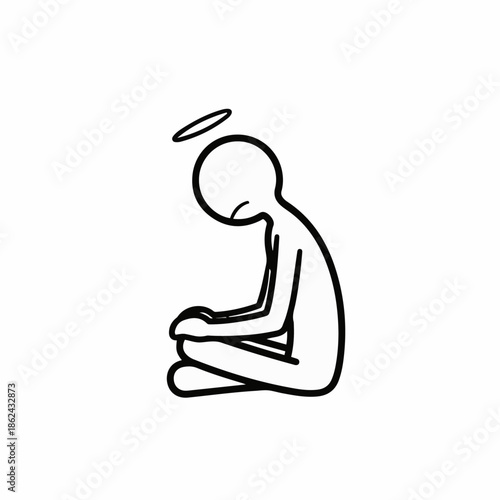 Sad Angelic Figure: A minimalist line drawing depicts a forlorn angel figure, slumped in a posture of dejection, their halo adding a stark contrast to their inner sadness.