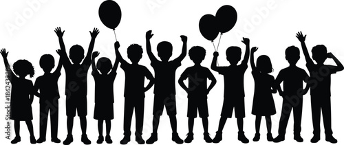Happy children silhouette celebrating together, kids holding balloons, childhood joy concept, fun party activity, group unity illustration, isolated white background