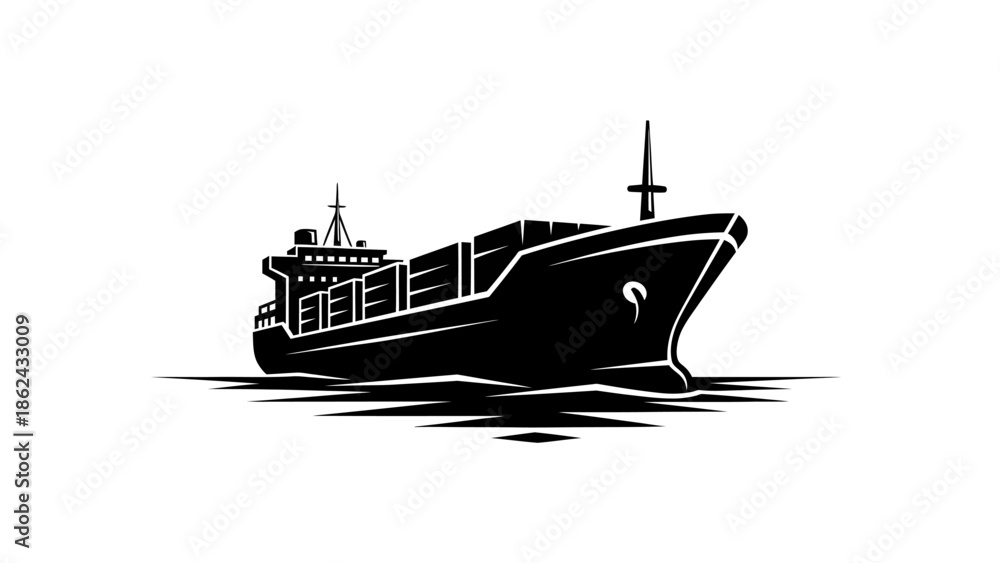 Fototapeta premium Black and white illustration of a large cargo ship sailing on the water.