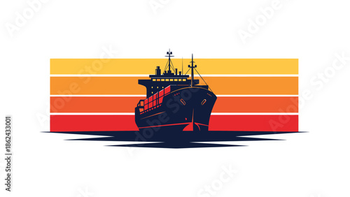 A large cargo ship sailing on the ocean at sunset.