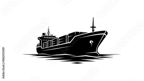Black and white illustration of a large cargo ship sailing on the water.