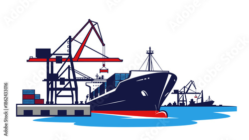 Cargo ship being loaded at a busy port with cranes.