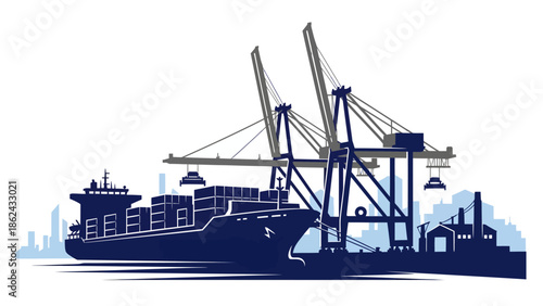 Cargo ship at port with cranes for global logistics and freight.