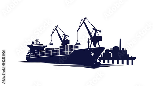 Cargo Ship Being Loaded at Industrial Port with Cranes.