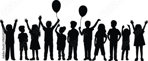 Happy children silhouettes holding balloons, joyful kids celebrating together, childhood fun, friendship, party mood, playful energy isolated white background
