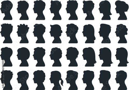 Human head profile silhouettes collection, diverse people faces side view, male female hairstyle variations, identity diversity concept, isolated on white background
