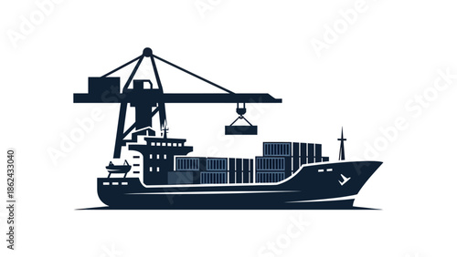 Cargo ship being loaded by a crane in a port.