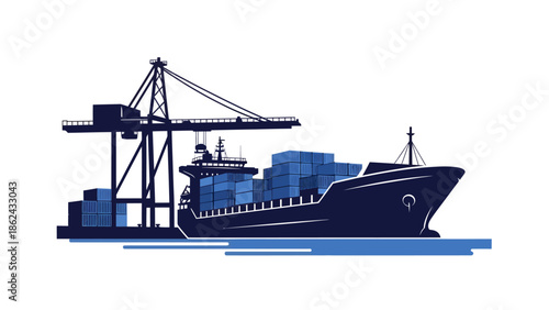 Cargo ship being loaded at port with large crane.