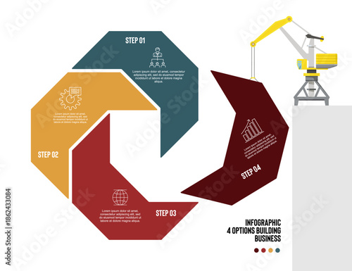 Infographic of 4 business building options, with vector illustration of heavy equipment crane pulley. Editable vector.