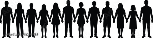 Group of diverse people silhouettes holding hands, unity, community, equality, teamwork, solidarity, connection, social inclusion concept isolated on white background