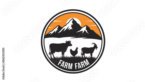 Farm animals with mountains in a circular emblem.