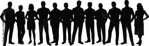 Business team silhouettes standing together leadership diversity concept, professional workforce group, corporate unity, black figures isolated on white background illustration