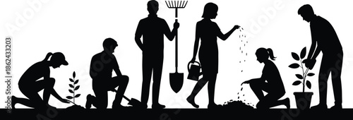 Family gardening silhouettes planting watering plants together, eco lifestyle teamwork concept, sustainable nature activity, black figures isolated white background illustration