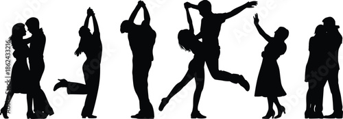 Romantic dancing couple silhouettes celebrating love, movement, passion, and togetherness, elegant people poses isolated on white background studio art illustration