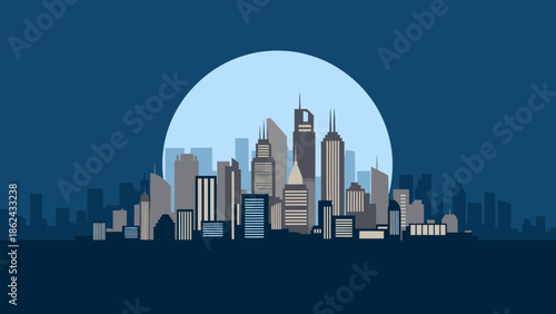 Modern Cityscape Silhouette with Tall Buildings and Skyscrapers at Night.