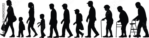 Human life cycle silhouette, aging process from childhood to old age, life stages evolution, walking sequence, isolated white background, concept