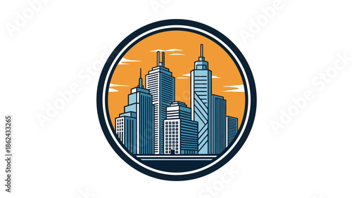 Modern Cityscape Skyline with Tall Buildings in Circle Emblem.